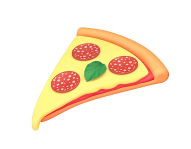 Çizgi film pizza dilimi, peynirli, biberli ve fesleğenli beyaz üzerine izole edilmiş. Kırpma yolu ile 3B görüntüleme