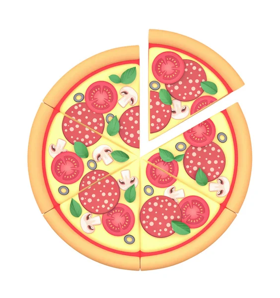 ピザは 白で隔離されたペパロニ チーズ トマト キノコ オリーブ バジルとスライスしたピザ 最上階だ クリッピングパスでの3Dレンダリング — ストック写真