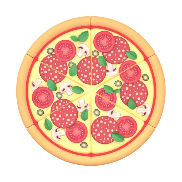 Szeletelt Pizza Pepperónival Sajttal Paradicsommal Gombával Olívabogyóval Bazsalikommal Fehér Alapon — Stock Fotó