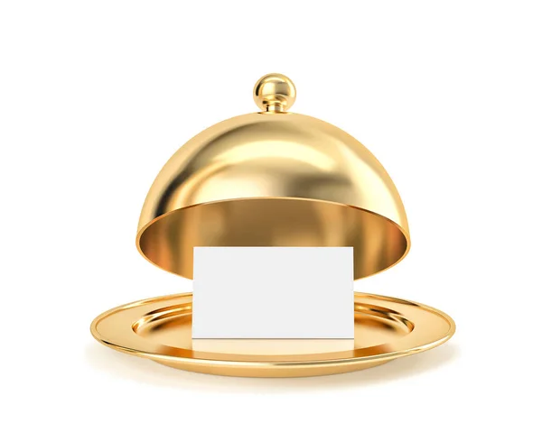 Cloche Dourado Bandeja Com Modelo Papel Branco Isolado Branco Renderização — Fotografia de Stock