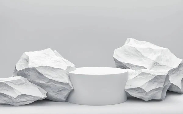 Podium 产品站与白色的石头 产品展示的最低背景 3D渲染 — 图库照片