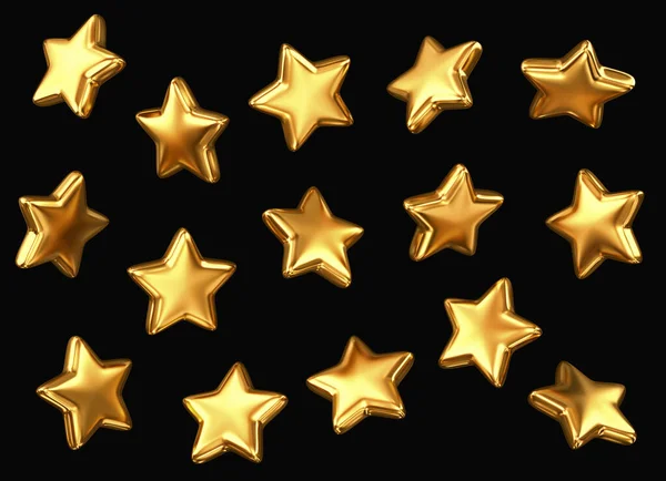 Conjunto Estrelas Douradas Isoladas Sobre Fundo Preto Renderização — Fotografia de Stock