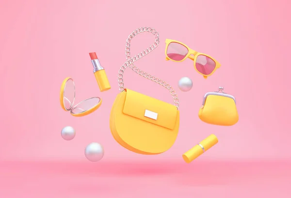 Yellow Women Bag Purse Lipstick Mirror Sunglasses Flying Pink Background — Stock Photo, Image