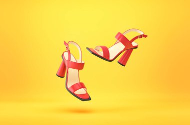 Kadınların yaz aylarında sarı arka planda izole edilmiş yüksek topuklu ayakkabıları. Kırpma yolu ile 3B görüntüleme