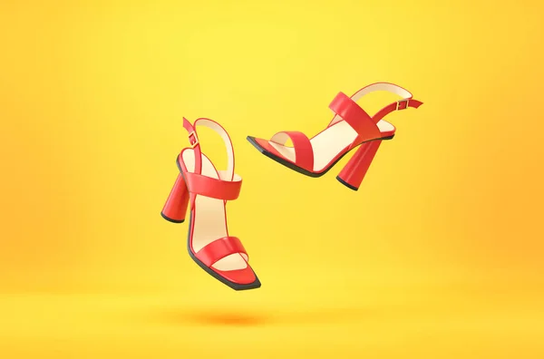 Women Summer Red High Heels Shoes Isolated Yellow Background Rendering — ストック写真