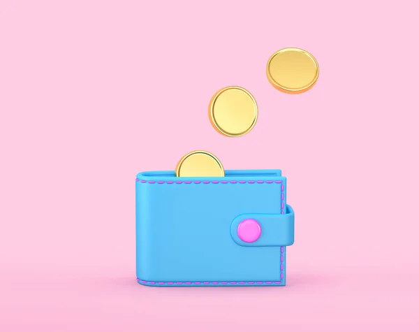 Blue Wallet Falling Gold Coins Isolated Pink Background Cashback Saving — Stock Photo, Image