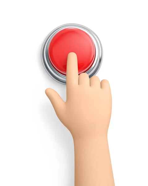 Cartoon Hand Pressing Red Button Isolated White Rendering Clipping Path — Stock Photo, Image