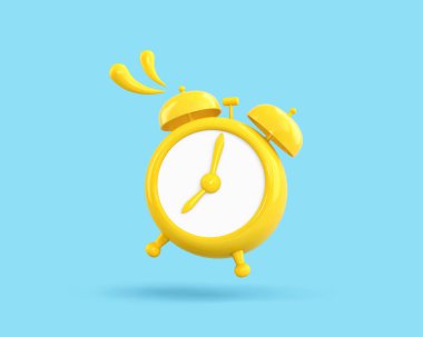 Uyanma vakti. Sarı alarm saati mavi arkaplanda izole edilmiş. 3B görüntüleme