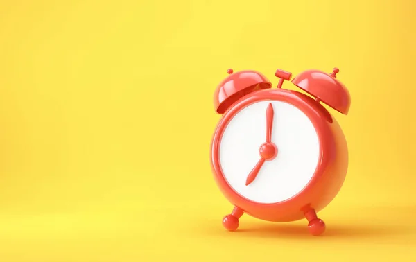 Hora Despertarse Reloj Despertador Rojo Sobre Fondo Amarillo Renderizado — Foto de Stock