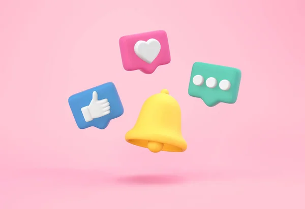 Pastel pembe arka planda sosyal medya tebligatı olan sarı zil. 3B görüntüleme