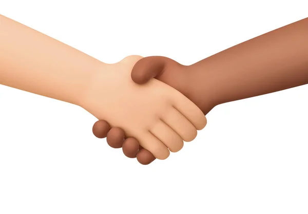 黑人和白人的手在握手中隔离在白色的背景下 3D渲染 — 图库照片