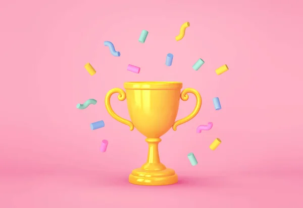 Cartoon winners trophy, champion cup with falling confetti on pink background. 3D rendering