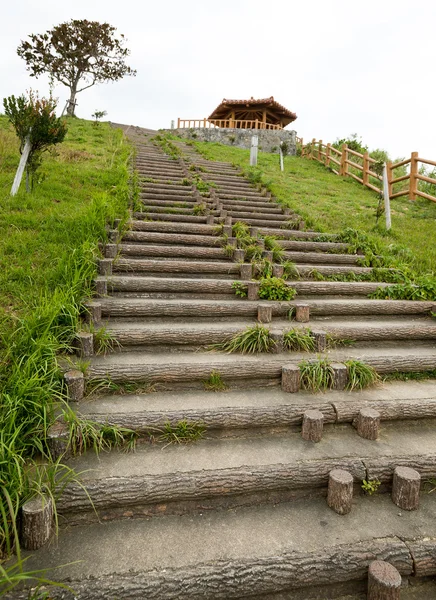 Escadaria de madeira que conduz no monte velho — Fotografia de Stock