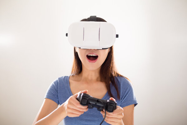 Woman with virtual reality device