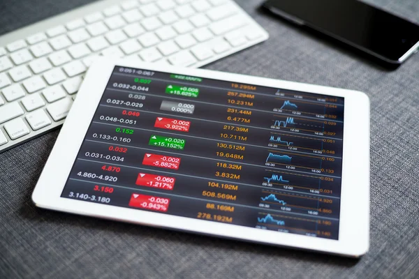 Tablette numérique avec des graphiques d'affaires sur un écran — Photo