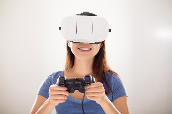 Woman with virtual reality device