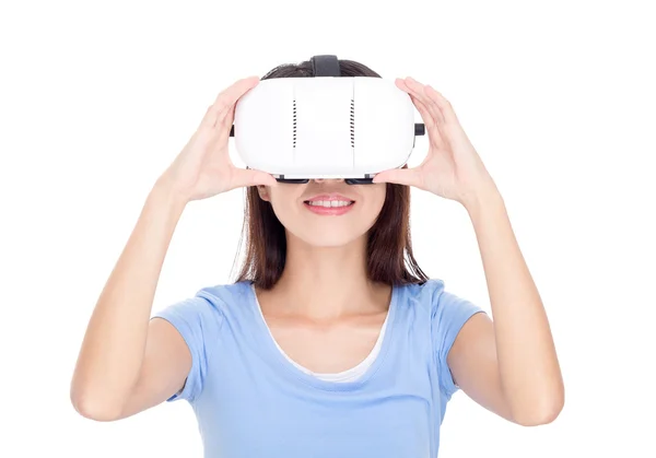 Mujer usando dispositivo de realidad virtual —  Fotos de Stock