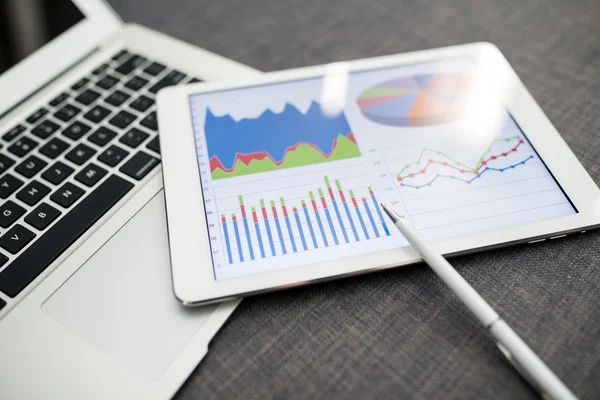 Digital tablet with business charts on a screen — Stock Photo, Image