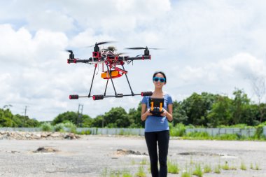woman controlling drone quadcopter  clipart