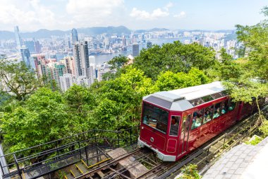 Victoria Peak tramvay ve Hong Kong şehir manzarası
