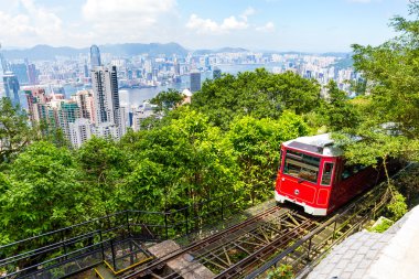 Victoria Peak tramvay ve Hong Kong şehir manzarası