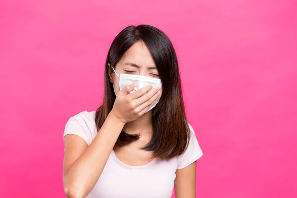 Woman wearing face mask and want to vomit — Stock Photo, Image