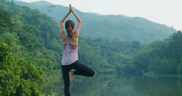 Kvinde Gør Yoga Landet Park - Stock-foto