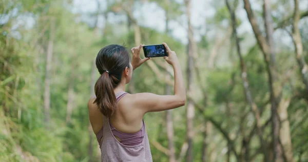 Kvinna Foto Mobiltelefon Parken — Stockfoto