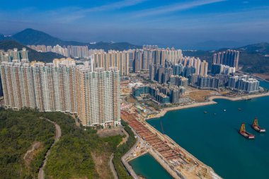 Tseung kwan o Hong Kong - 03 Ocak 2021: Hong Kong şehrinin en iyi manzarası