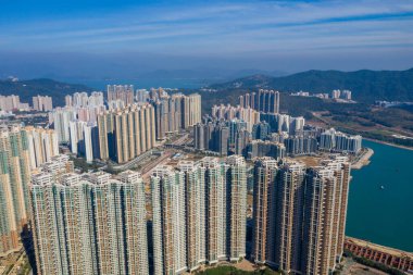 Tseung kwan o Hong Kong - 03 Ocak 2021: Hong Kong şehrinin en iyi manzarası