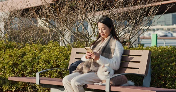 Kvinna Användning Mobiltelefon Med Sin Hund — Stockfoto