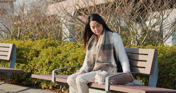 Femme Assise Sur Banc Avec Son Chien — Photo