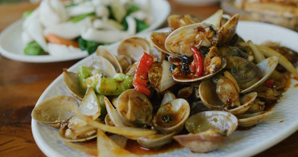 Hong Kong Cocina Cantonesa Fríe Calamares Vegetales Fríe Platos Almejas — Foto de Stock