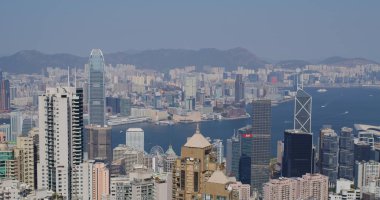 Victoria Peak, Hong Kong - 05 Şubat 2021: Hong Kong şehir silueti 