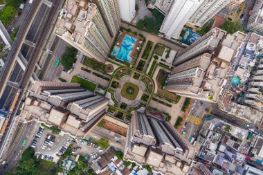 Yuen Long, Hong Kong - 18 Ekim 2020: Hong Kong yerleşim bölgesinin yukarıdan aşağı görüntüsü