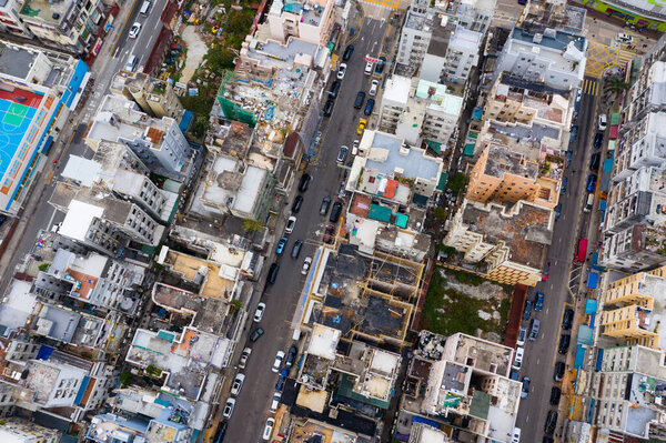 Kowloon City, Hong Kong - 28 February 2020: Top down view of Hong Kong city