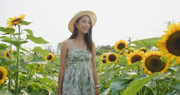 Жінка Насолоджується Відвідуванням Соняшникової Ферми — стокове фото