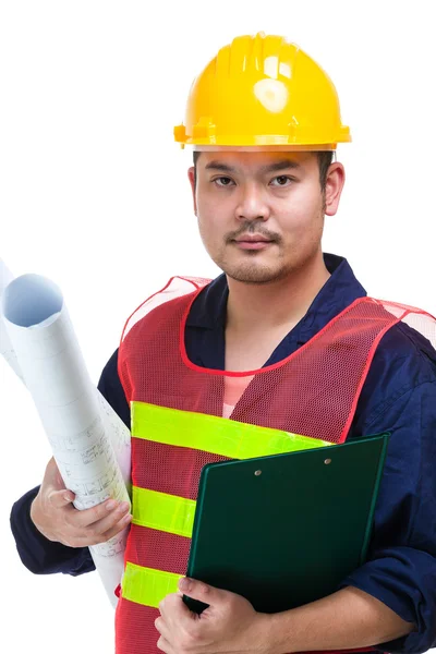 Asian engineer with blue print and clipboard — Stock Photo, Image