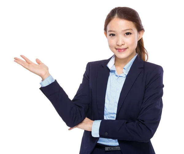 Businesswoman with hand show with blank sign — Stock Photo, Image