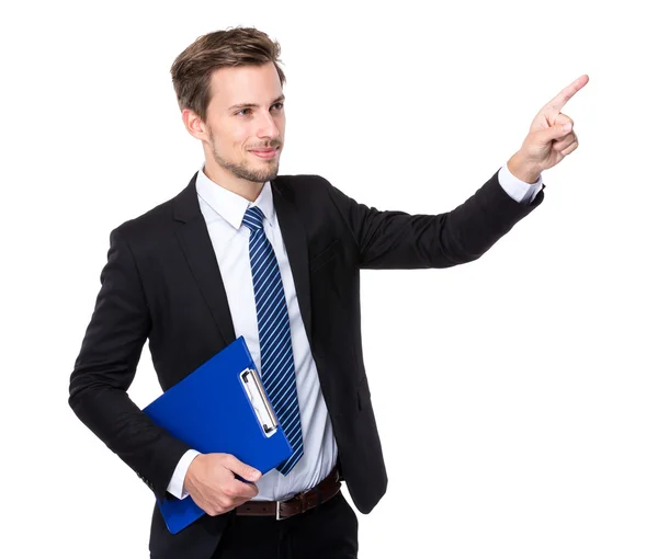 Businessman hold clipboard and finger point up — Stock Photo, Image