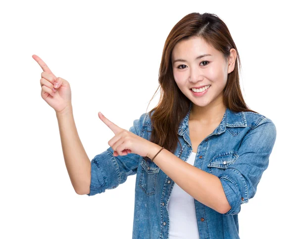 Asian woman with two finger point up — Stock Photo, Image