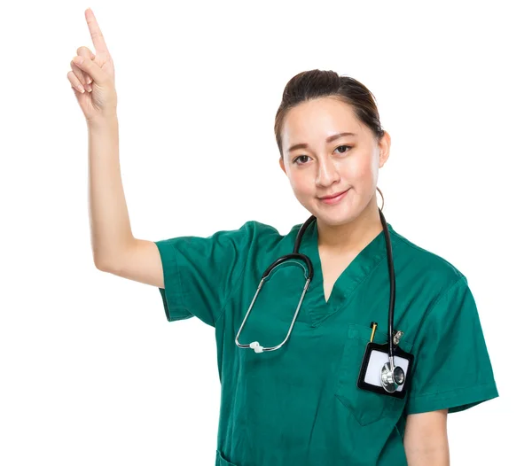Asiatico donna medico finger point su — Foto Stock