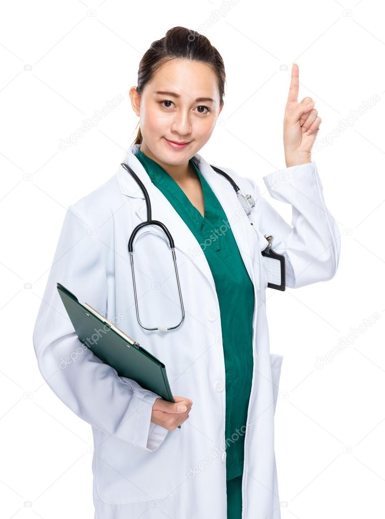 Asian woman doctor with clipboard and finger point up