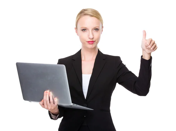 Businesswoman with notebook and thumb up — Stock Photo, Image