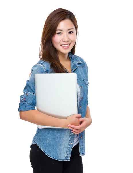 Asian woman hold with laptop — Stock Photo, Image