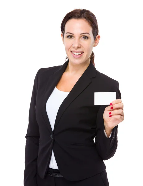 Bir isim kartı boş iş kadını tutun — Stok fotoğraf
