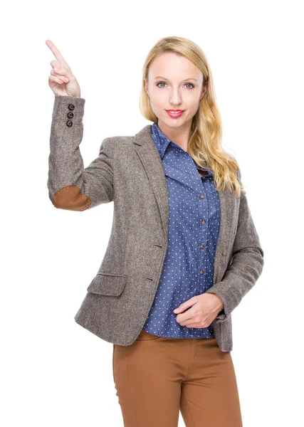 Caucasian woman with finger point out — Stock Photo, Image