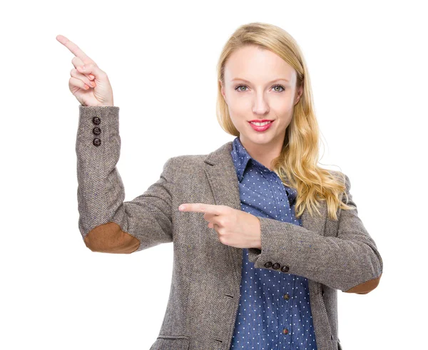 Caucasian woman with finger point up — Stock Photo, Image