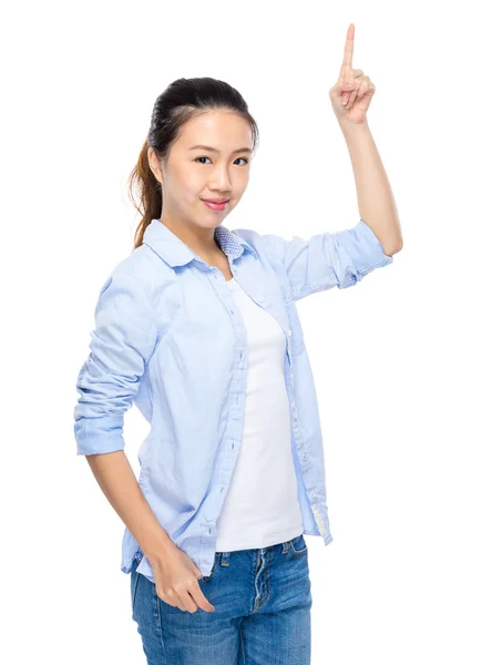 Woman with finger point up — Stock Photo, Image