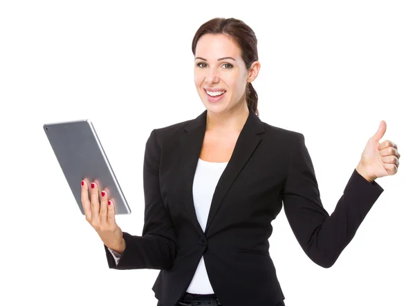Businesswoman with tablet and thumb up — Stock Photo, Image